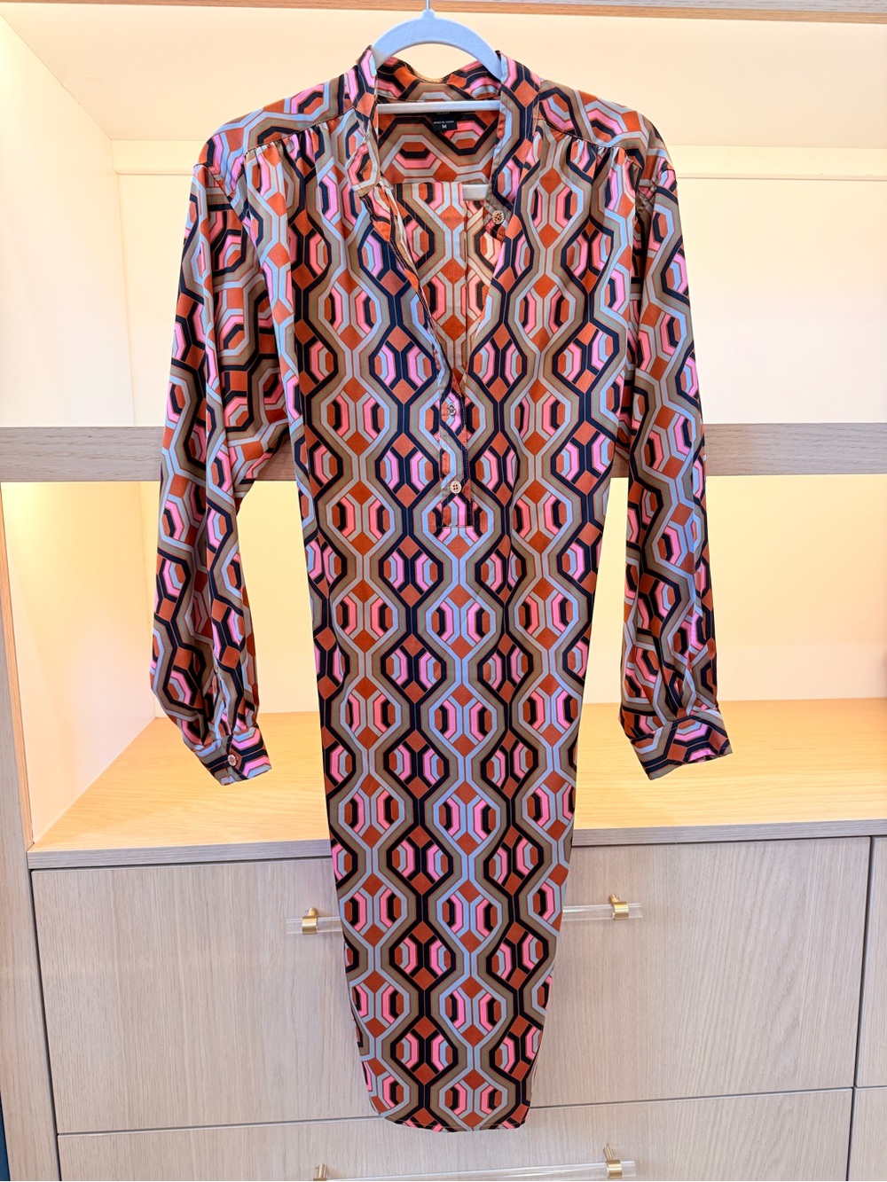 Guess by Marciano Geometric Long Sleeve Dress in Pink, Brown, Black